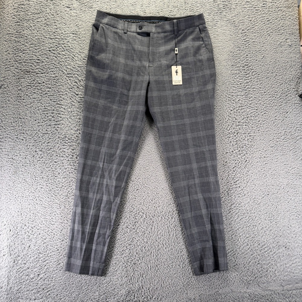 Father Sons Pant Mens 38x30 Gray Plaid Wool Dress Tapered Preppy Career Stretch